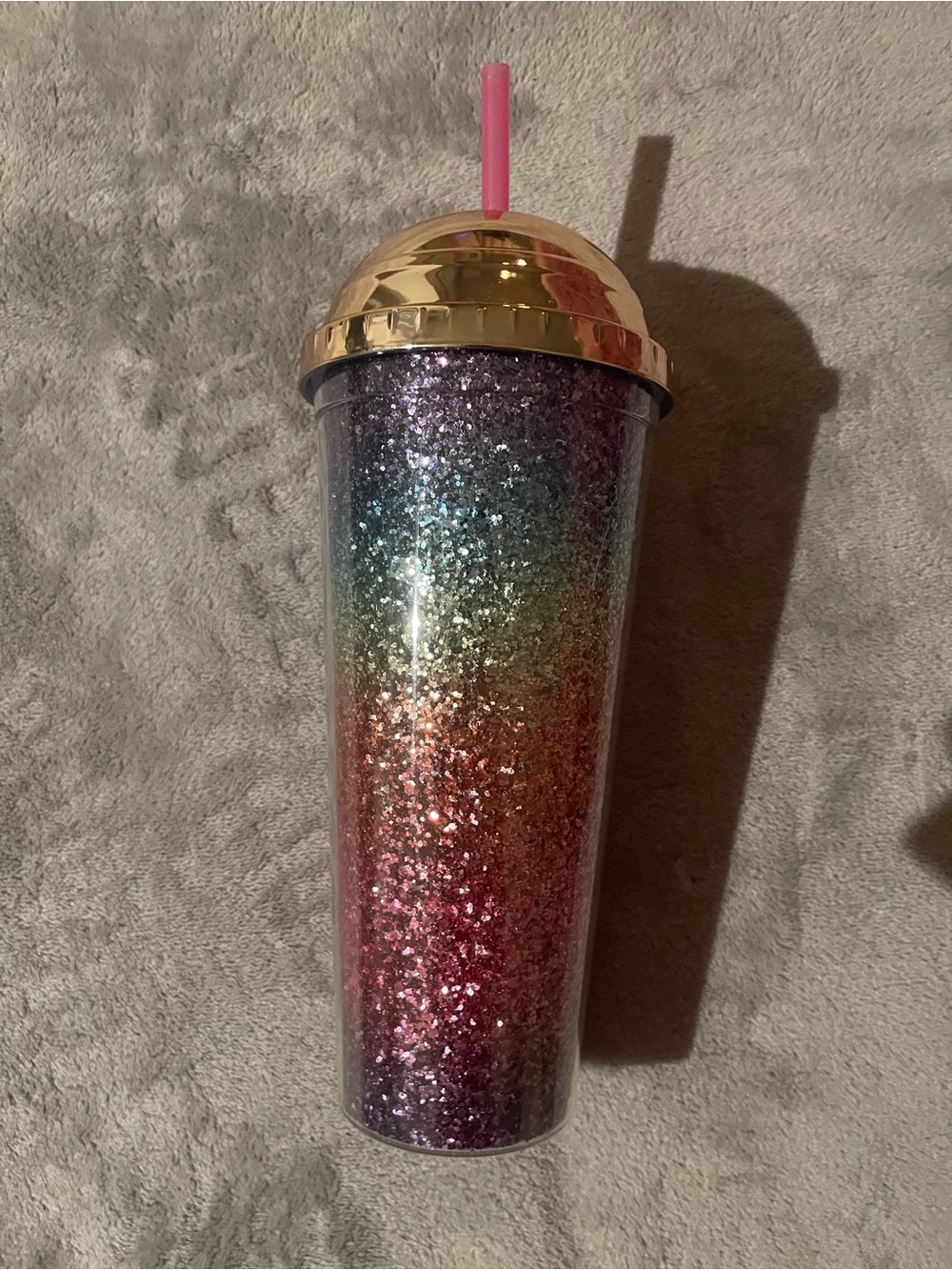 Source Unknown Rainbow Glitter Tumbler with Gold Lid and Pink Straw
